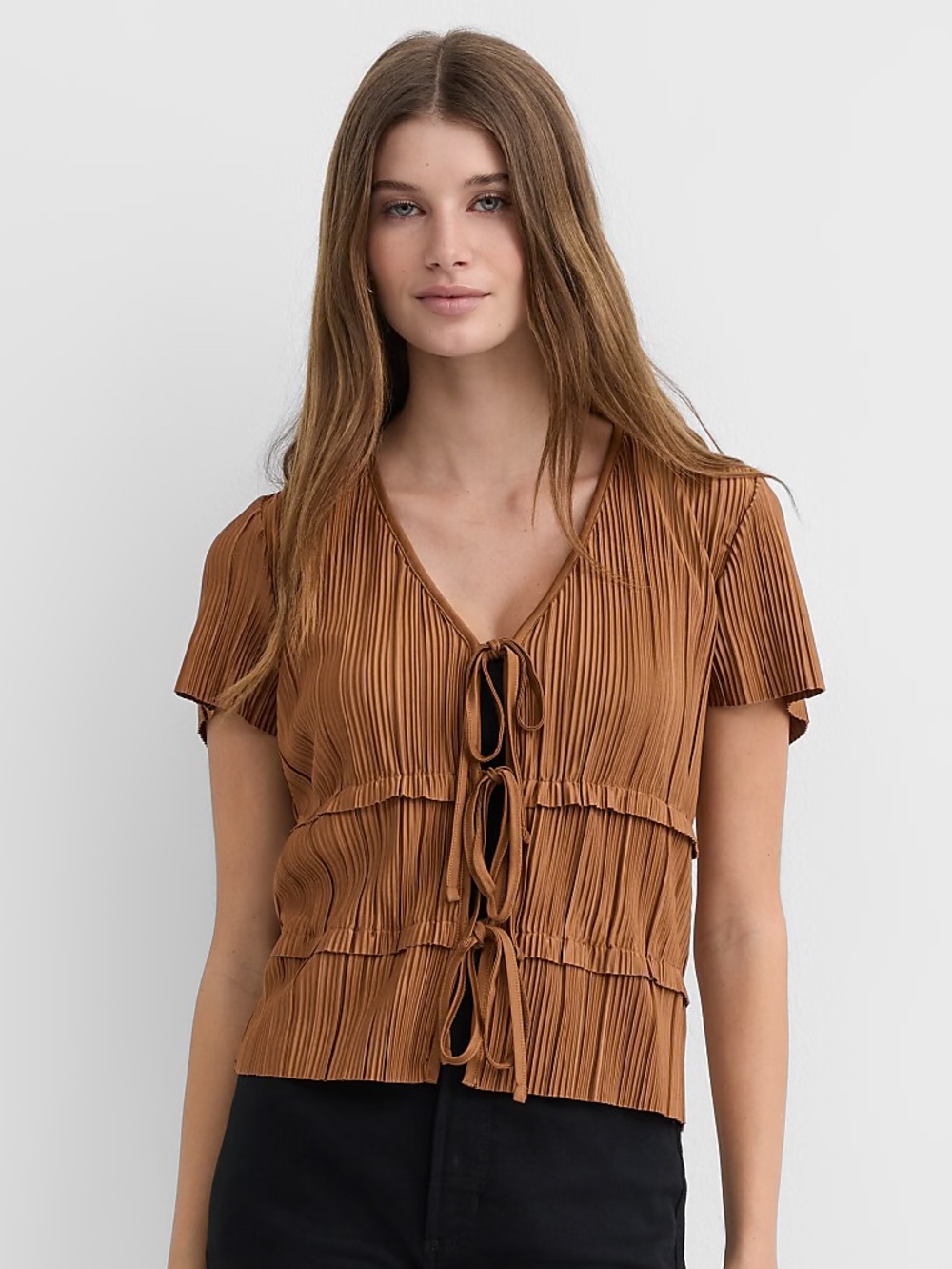 NWT Loft Short Sleeve Pleated Bow Tie Top - Iced Mocha - L